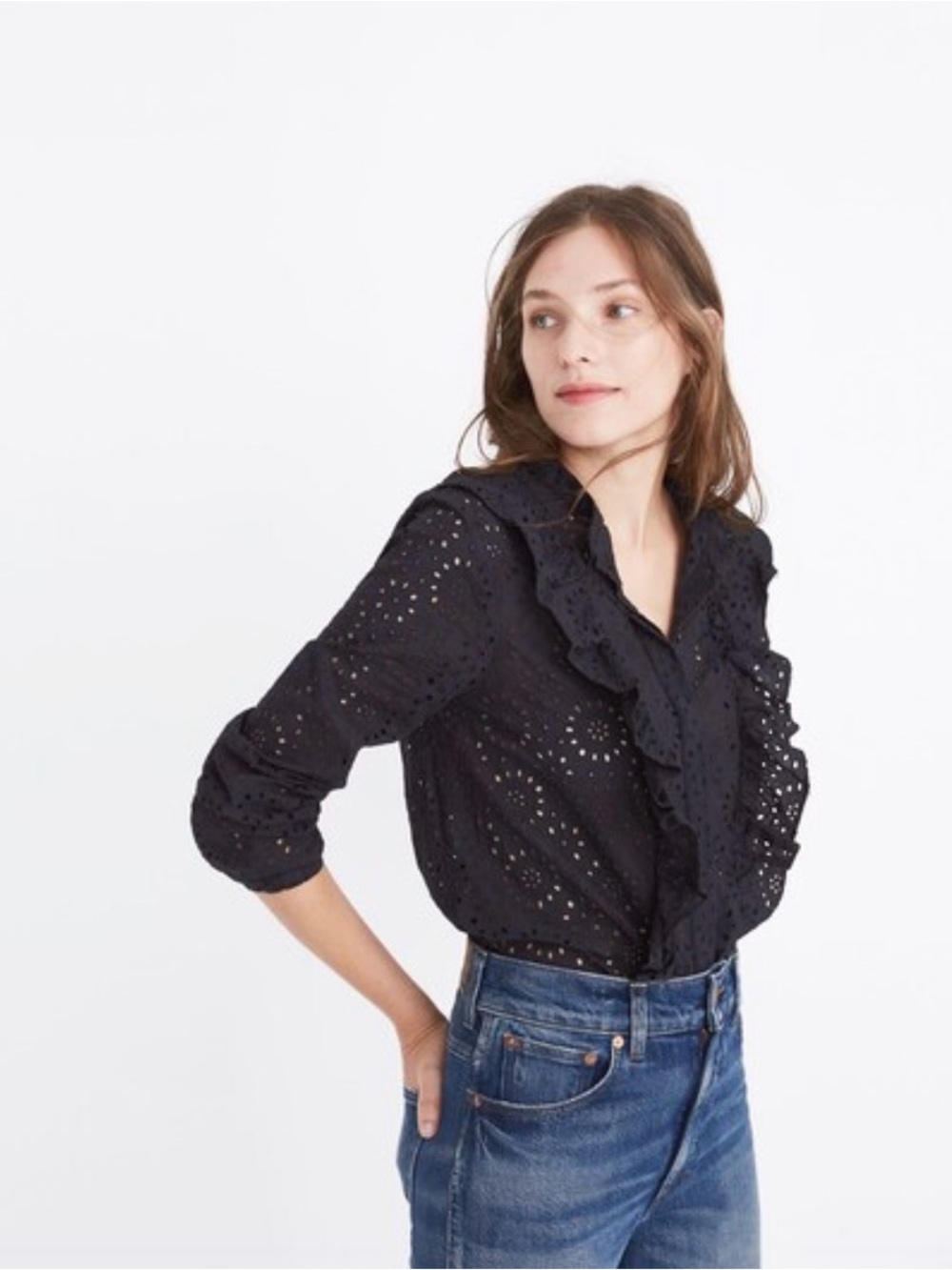 Madewell NWT Black Eyelet Ruffle Button-Up Blouse